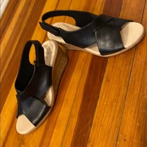 Clark’s black leather wedge sandal